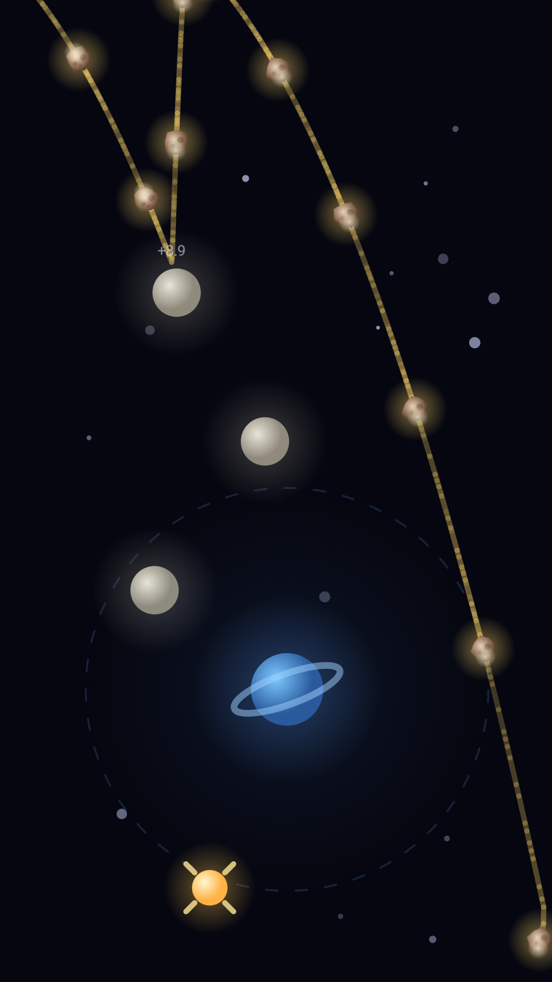 Early game meteor chain bouncing between moons
