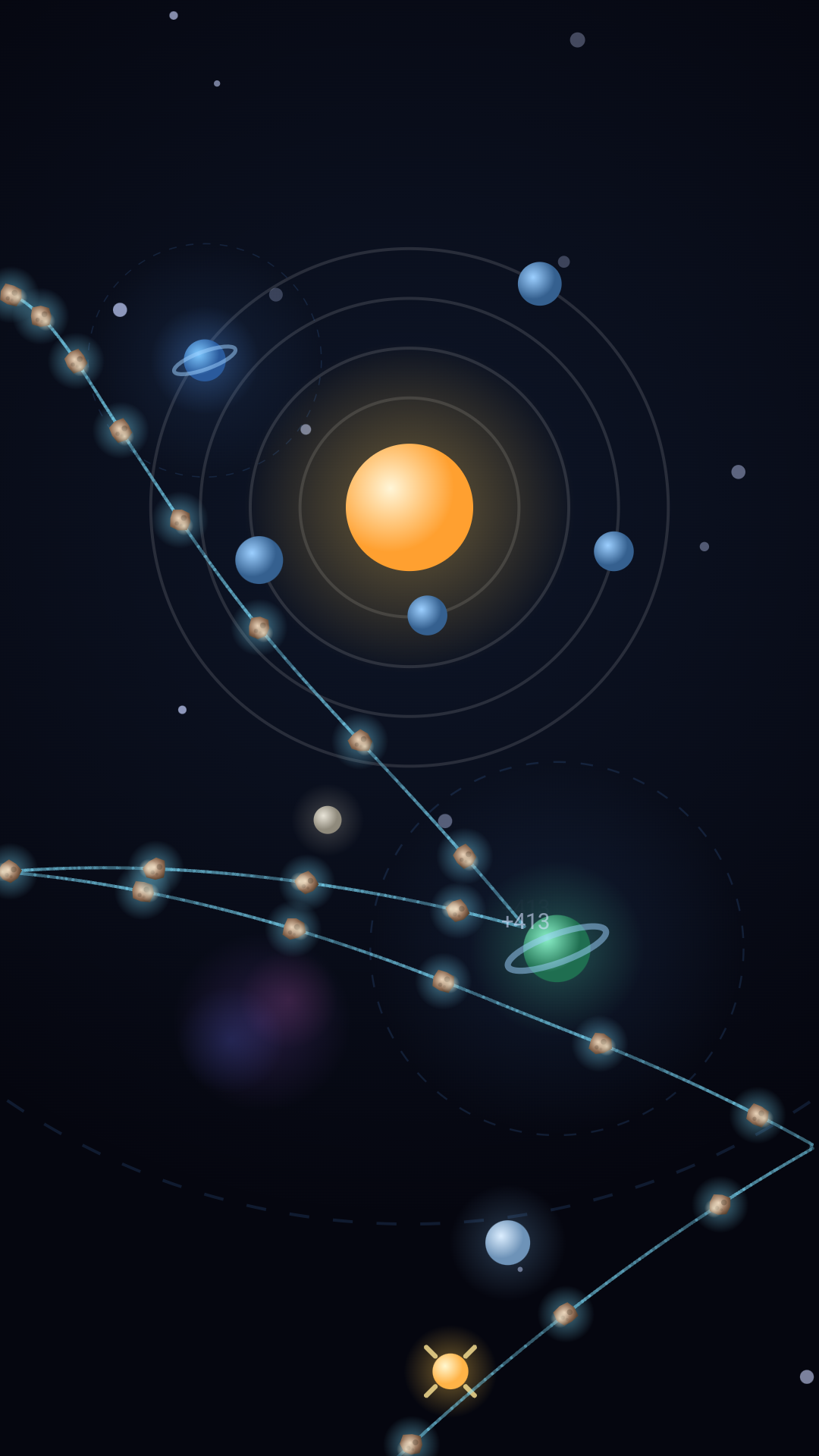 A solar system with meteor chains threading through it